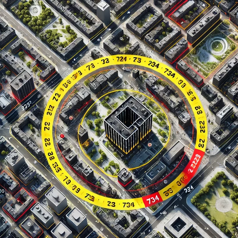 DALL·E 2024-11-21 14.57.14 - A satellite-style view of an urban area with a central black and yellow-highlighted building. Surrounding buildings have red outlines for emphasis. Th